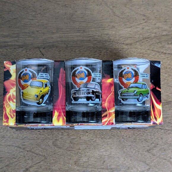 NWT Russian USSR Cars Coat of Arms Gus Khrustalny Vodka Shot Glasses Set Of 6 - Picture 1 of 8